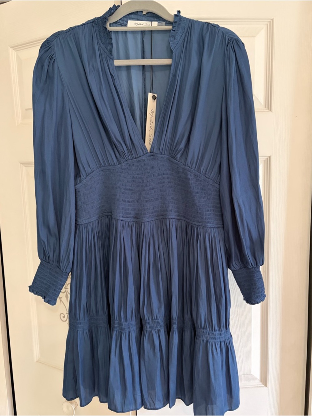 Mustard Seed Slate Blue Long-Sleeve Smocked Mini Dress